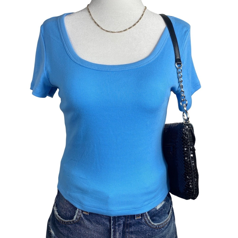Y2K Ribbed Baby Tee Women's Large Blue Scoop Neck Pinterest Fitted Ambiance‎